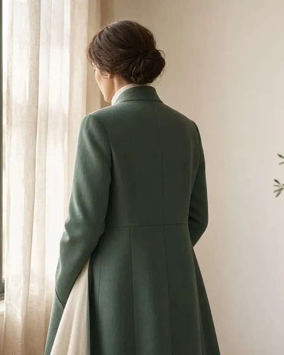 Imagem ilustrativa: mulher de costas, de casaco verde-sálvia, junto a uma janela com cortinas de linho em um consultório claro
