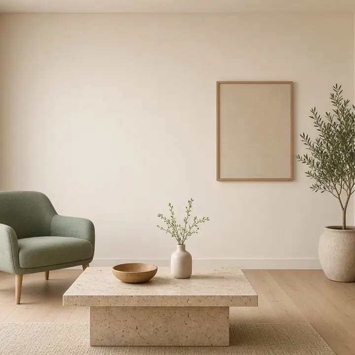 Imagem ilustrativa: sala de consulta clara com poltrona verde-sálvia, mesa de travertino e oliveira em vaso